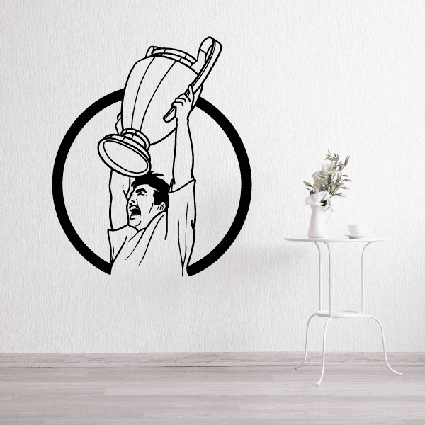 Vinyl soccer player wall decal with circular outline and arms-raised figure