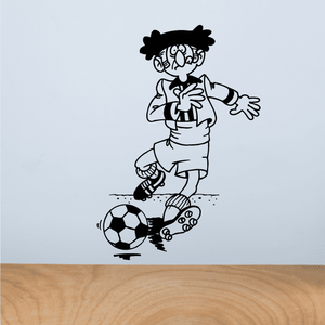 Soccer wall decal: black-and-white cartoon soccer player kneeling with soccer ball