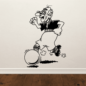 Soccer player wall vinyl decal, black-and-white cartoon kicking a ball with clover accents