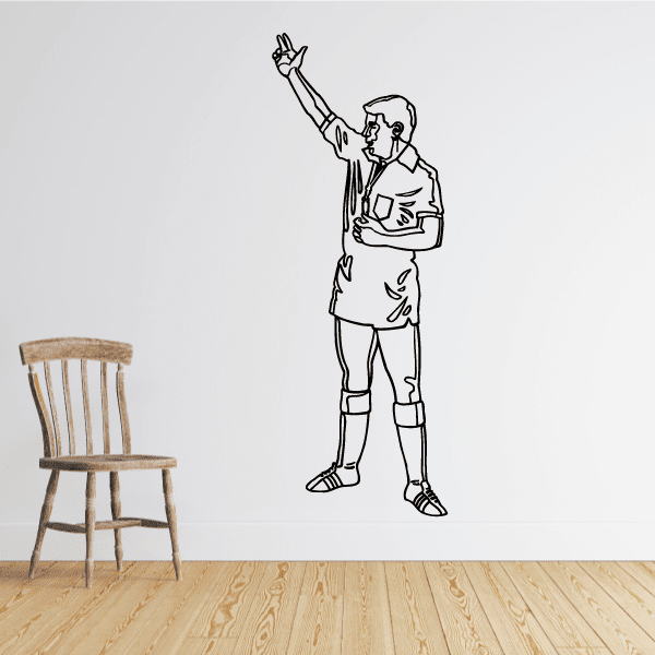 Soccer player wall vinyl decal in black line art, raising fist and holding jersey