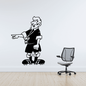 Cartoon soccer coach wall decal holding a whistle and clipboard in black and white