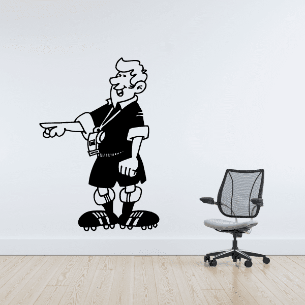 Cartoon soccer coach wall decal holding a whistle and clipboard in black and white