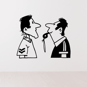 Soccer wall decal of two silhouetted soccer players in black and white