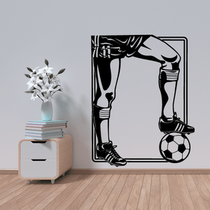 Soccer wall decal showing black kicking boot and soccer ball in square outline