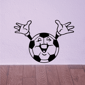 Soccer wall decal vinyl sticker of smiling soccer ball with raised hands