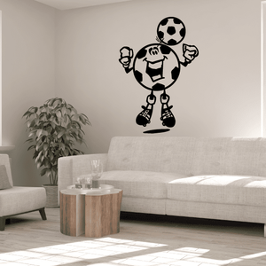 Black soccer character wall decal with ball head, arms up and boots, vinyl sticker.