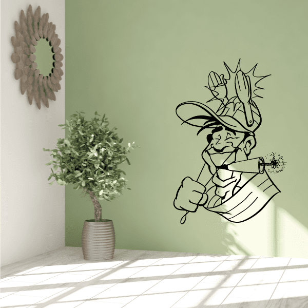 Soccer wall decal vinyl sticker of cartoon soccer player kicking ball, black outline