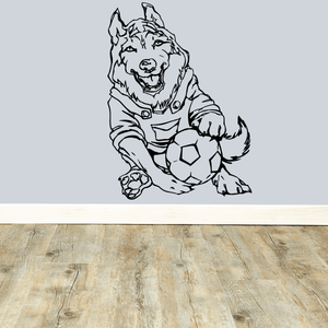 Dog soccer wall vinyl decal with soccer ball and paw, black line-art outline