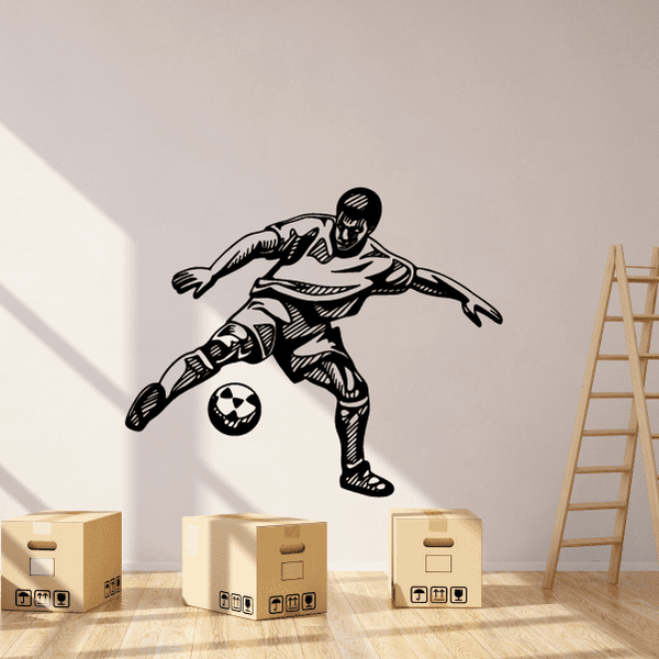 Soccer player wall decal with soccer ball, black vinyl sticker