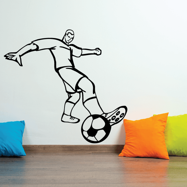 Soccer player vinyl wall decal, black outline kicking a soccer ball