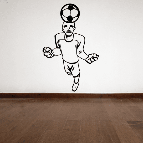 Soccer wall decal of a running player with a soccer ball above his head, black outline