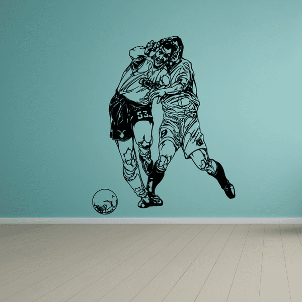 Soccer wall decal of two soccer players in action, black vinyl illustration