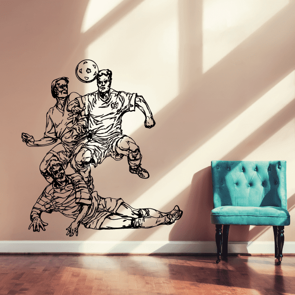 Soccer wall decal vinyl sticker set of black soccer players and ball outline
