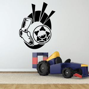 Black vinyl soccer wall decal with soccer ball and spiky burst rays
