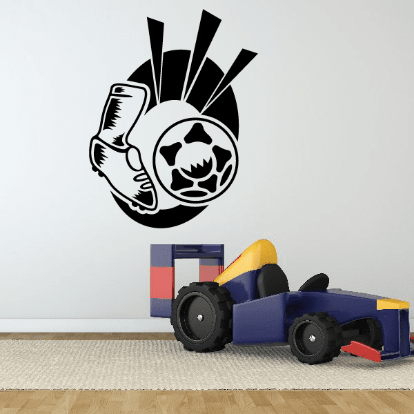 Black vinyl soccer wall decal with soccer ball and spiky burst rays