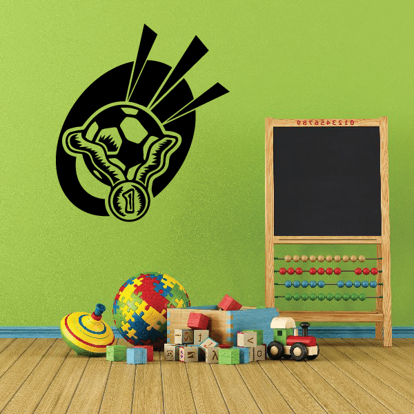 Soccer wall decal vinyl: black soccer ball with fists and goal net graphic