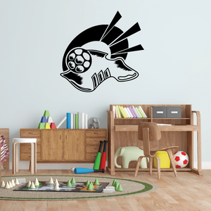 Soccer-themed vinyl wall decal of a black-and-white helmet with a soccer ball