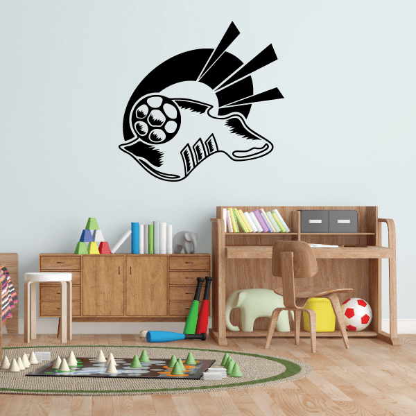 Soccer-themed vinyl wall decal of a black-and-white helmet with a soccer ball