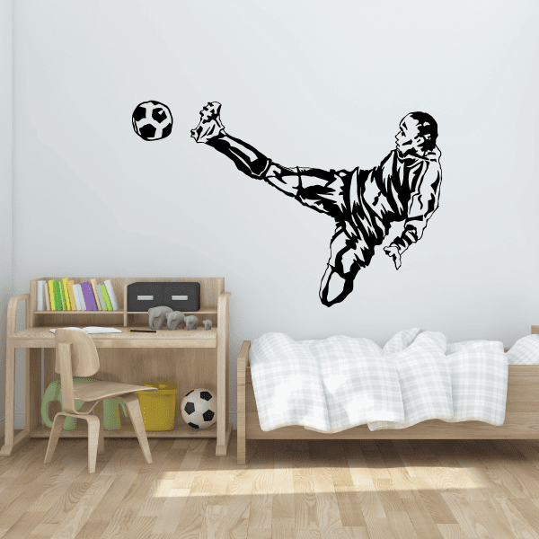 Soccer player wall decal vinyl with soccer ball, black and white silhouette