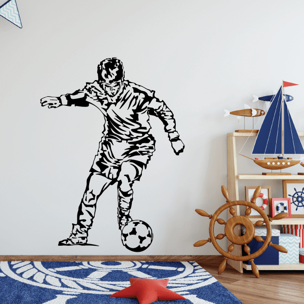 Soccer wall decal vinyl showing black soccer player kicking a ball