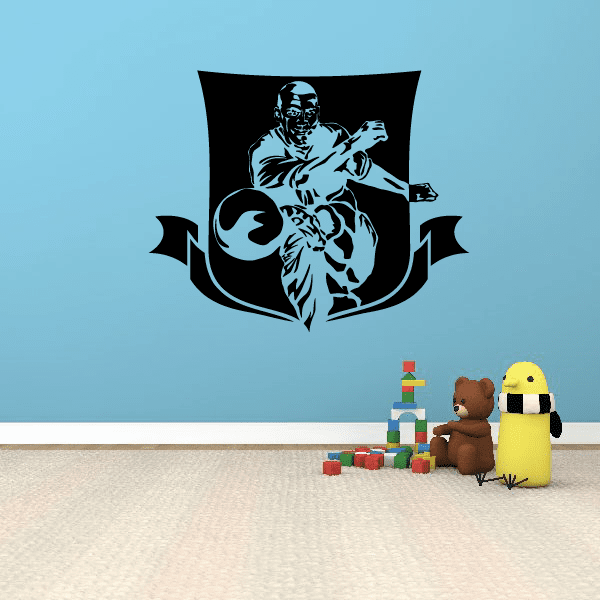 Soccer wall vinyl decal featuring black goalie player silhouette with soccer ball