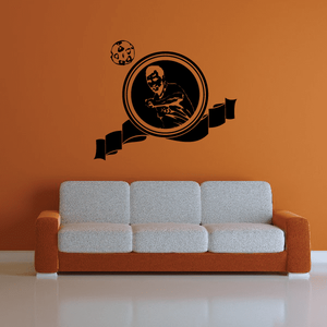 Soccer wall decal: black circular player graphic with soccer ball and ribbon banner