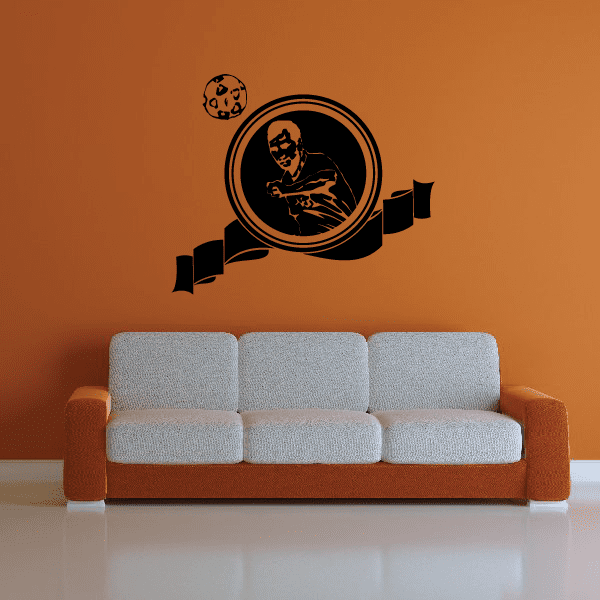 Soccer wall decal: black circular player graphic with soccer ball and ribbon banner