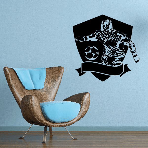 Soccer player wall decal with shield and soccer ball, black vinyl