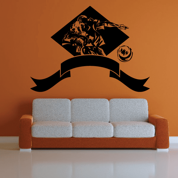 Black soccer player vinyl wall decal with ball and ribbon emblem