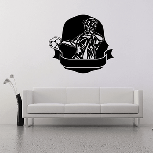 Black soccer player vinyl wall decal silhouette with ball and goal net