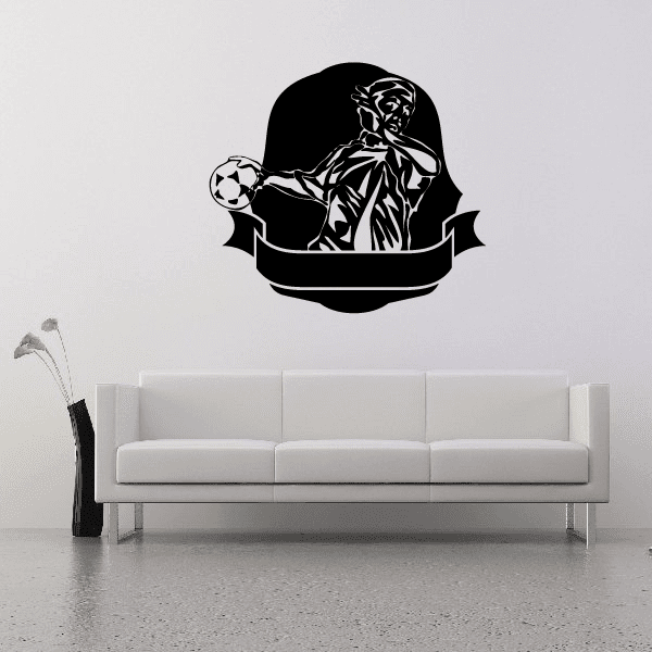 Black soccer player vinyl wall decal silhouette with ball and goal net