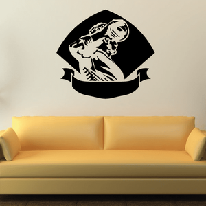 Soccer player wall decal in black vinyl, with soccer ball and banner ribbon