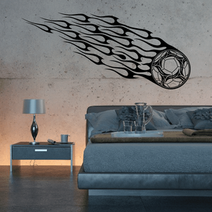 Soccer wall decal of a black flame with a soccer ball at the tip