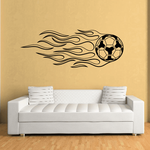 Soccer wall decal showing a soccer ball with a flame design in black
