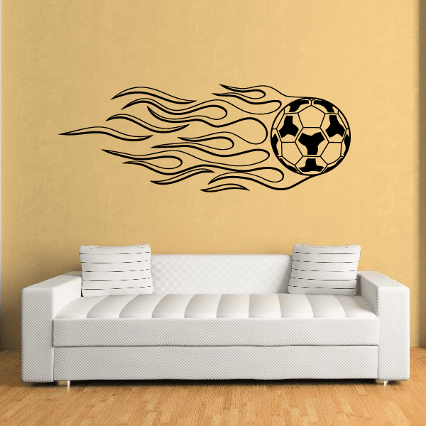Soccer wall decal showing a soccer ball with a flame design in black