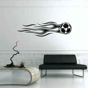 Soccer ball and flame vinyl wall decal in black with flaming trail