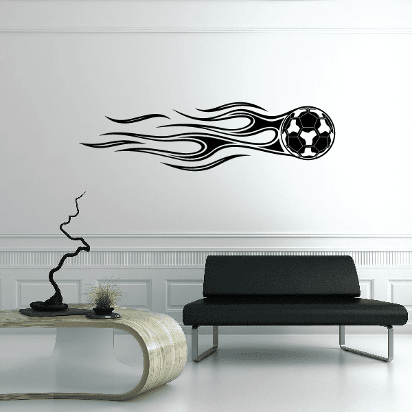 Soccer ball and flame vinyl wall decal in black with flaming trail