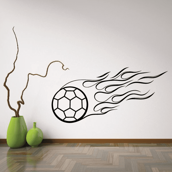 Soccer wall decal vinyl sticker with black soccer ball and flame accents