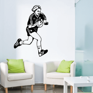 Soccer player wall decal vinyl, black outline female holding soccer ball