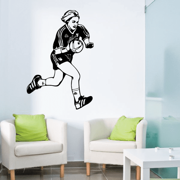 Soccer player wall decal vinyl, black outline female holding soccer ball
