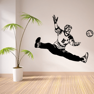 Soccer player vinyl wall decal silhouette with black jersey and ball icon