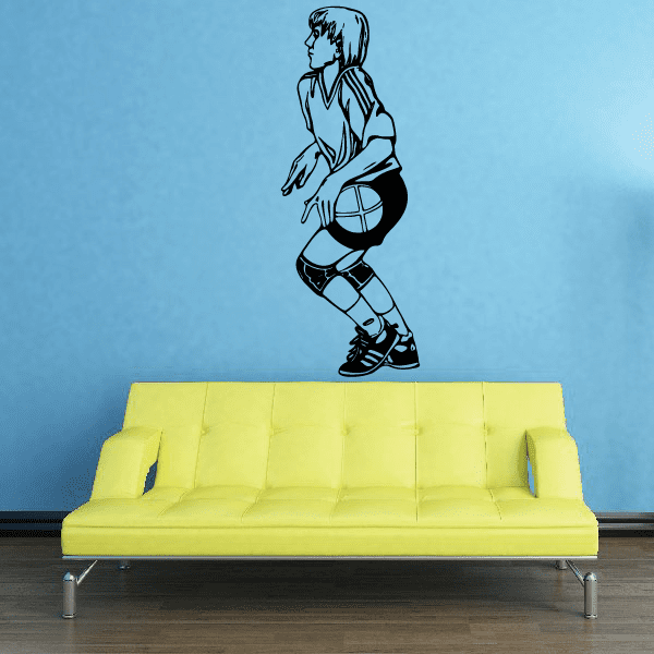 Soccer player wall decal, black-and-white vinyl figure holding a soccer ball