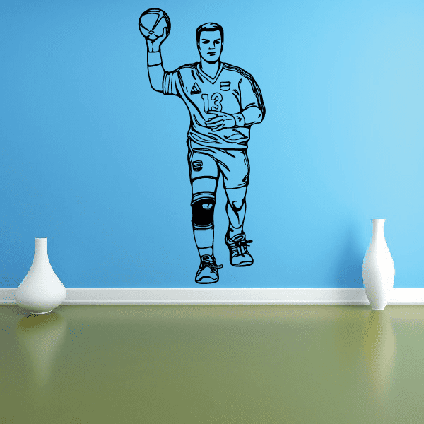 Soccer player wall vinyl decal, blue outline with ball and jersey details