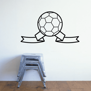 Soccer ball wall decal with black outline and ribbon banners