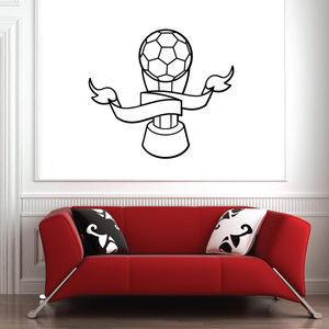 Soccer wall vinyl decal: soccer ball with wings and ribbon, black outline.