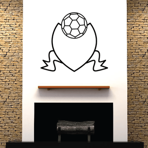 Soccer vinyl wall decal: black soccer ball over shield-like emblem