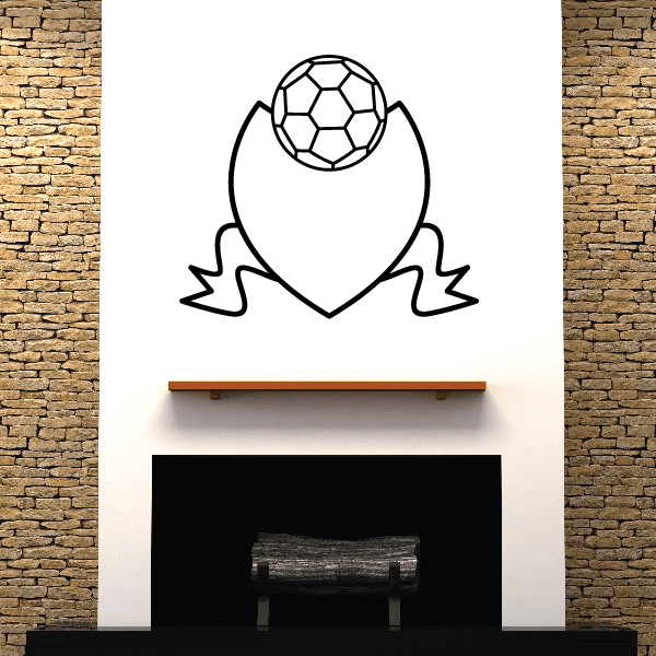 Soccer vinyl wall decal: black soccer ball over shield-like emblem