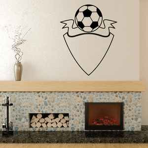 Soccer ball wall decal with banner ribbon, black and white vinyl