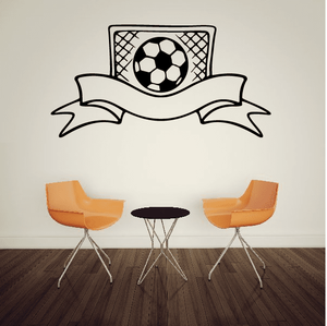 Soccer ball wall decal with net and ribbon banner in black and white