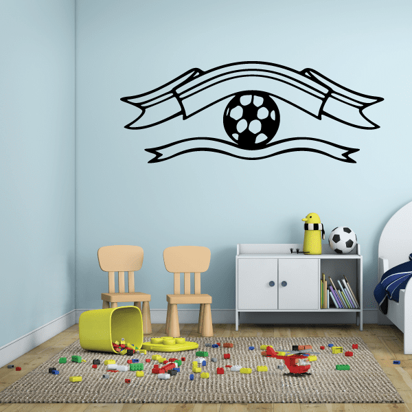 Soccer wall decal featuring a black soccer ball with ribbon banner